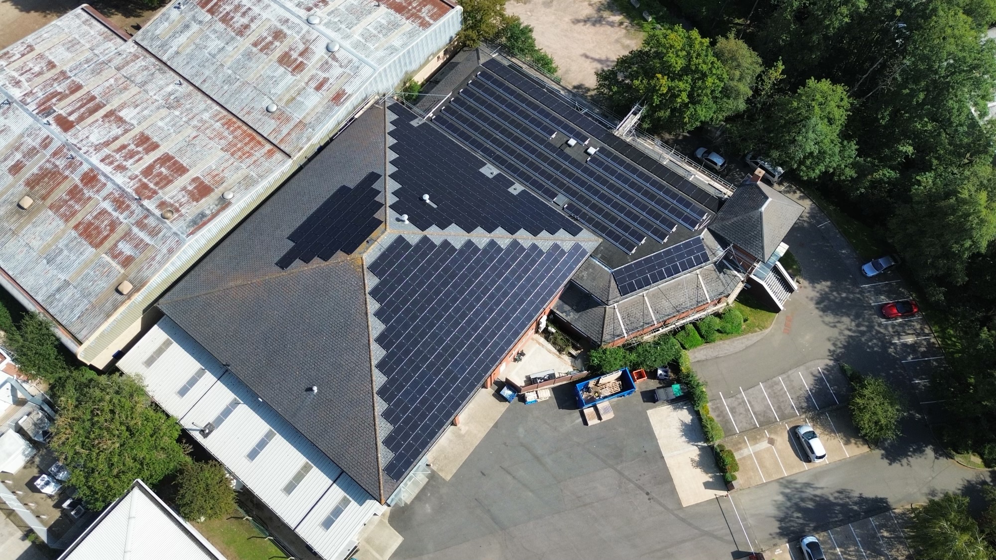 Drone Photo. Installation of over 400 solar panels on an industrial building