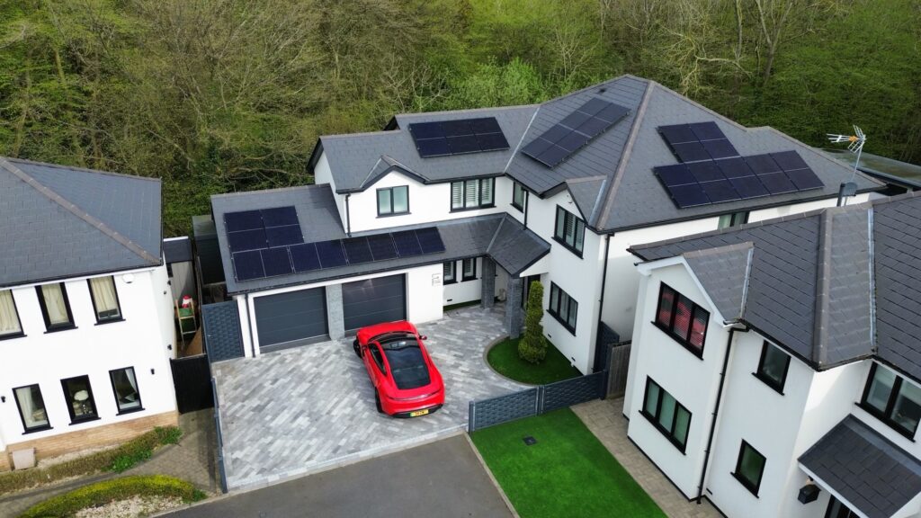 Roof mounted solar panel installation on a modern home