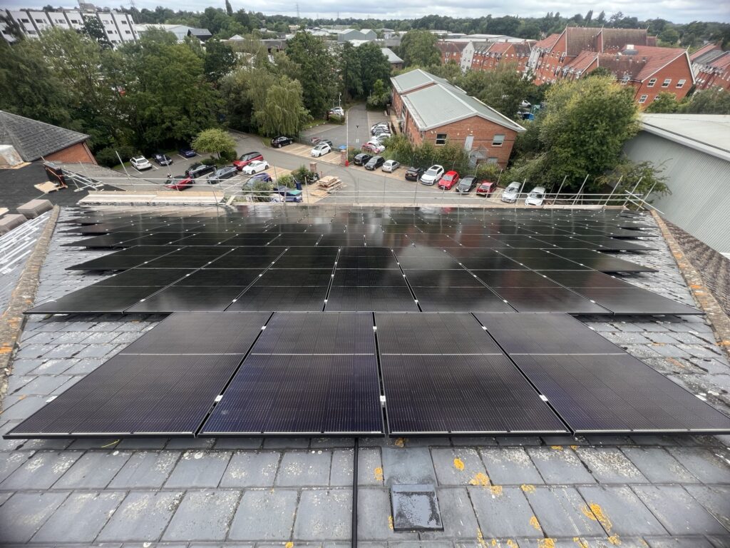 Industrial building with roof mounted solar panels