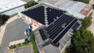 Drone Photo. Installation of over 400 solar panels on an industrial building