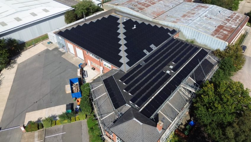 Drone Photo. Installation of over 400 solar panels on an industrial building in Berkshire