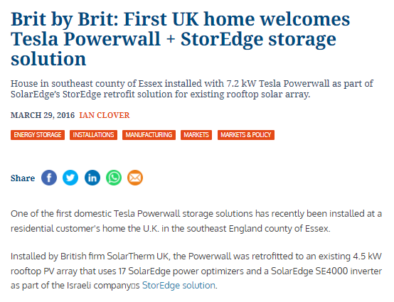SolarTherm UK, the UK’s first installer to successfully complete an installation of the Tesla Powerwall with StorEdge