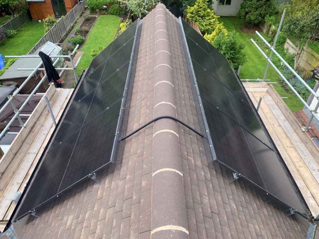 Roof mounted solar panels in an east-west split