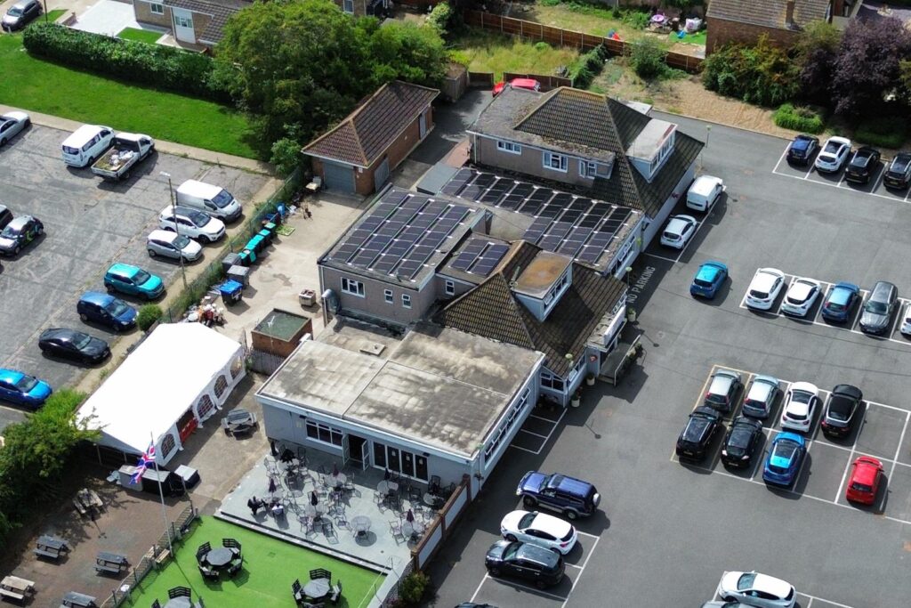 Drone photo of Canvey Island Conservative Club solar panel installation on flat roof