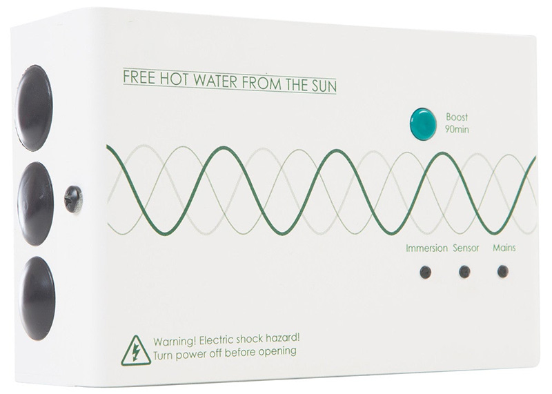 A solar powered immersion heater is used to heat water with excess solar generated electricity