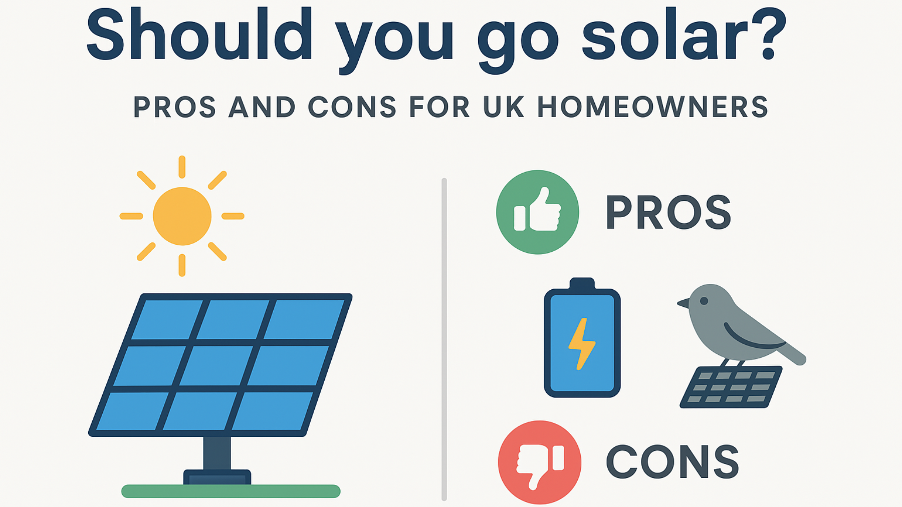 Graphic image of solar panels, battery storage and bird proofing