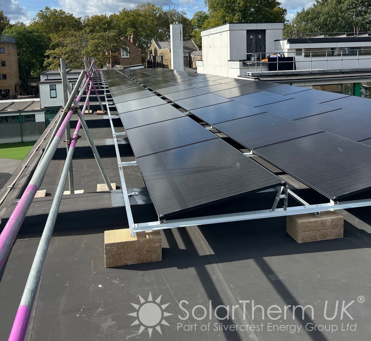 Solar installation on a flat roof of Newington Green School