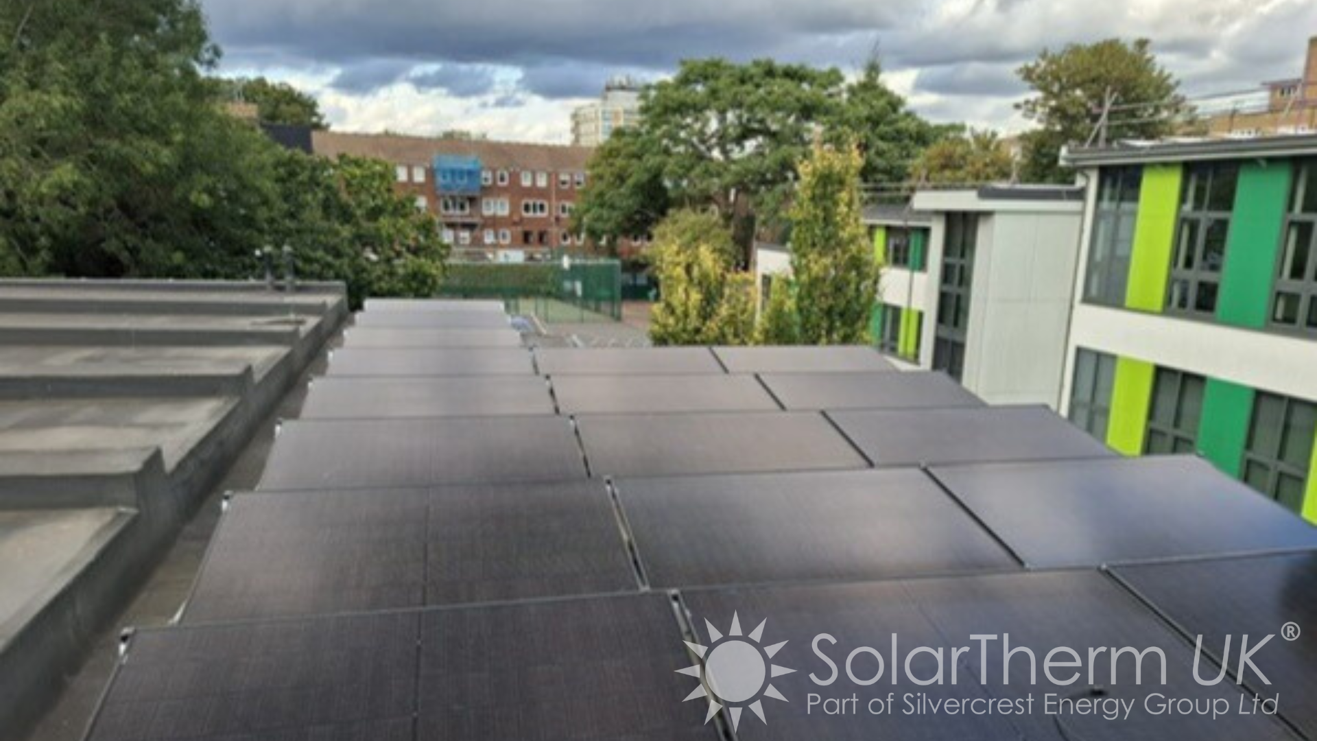 Newington Green Primary School with a flat roof solar panel installation