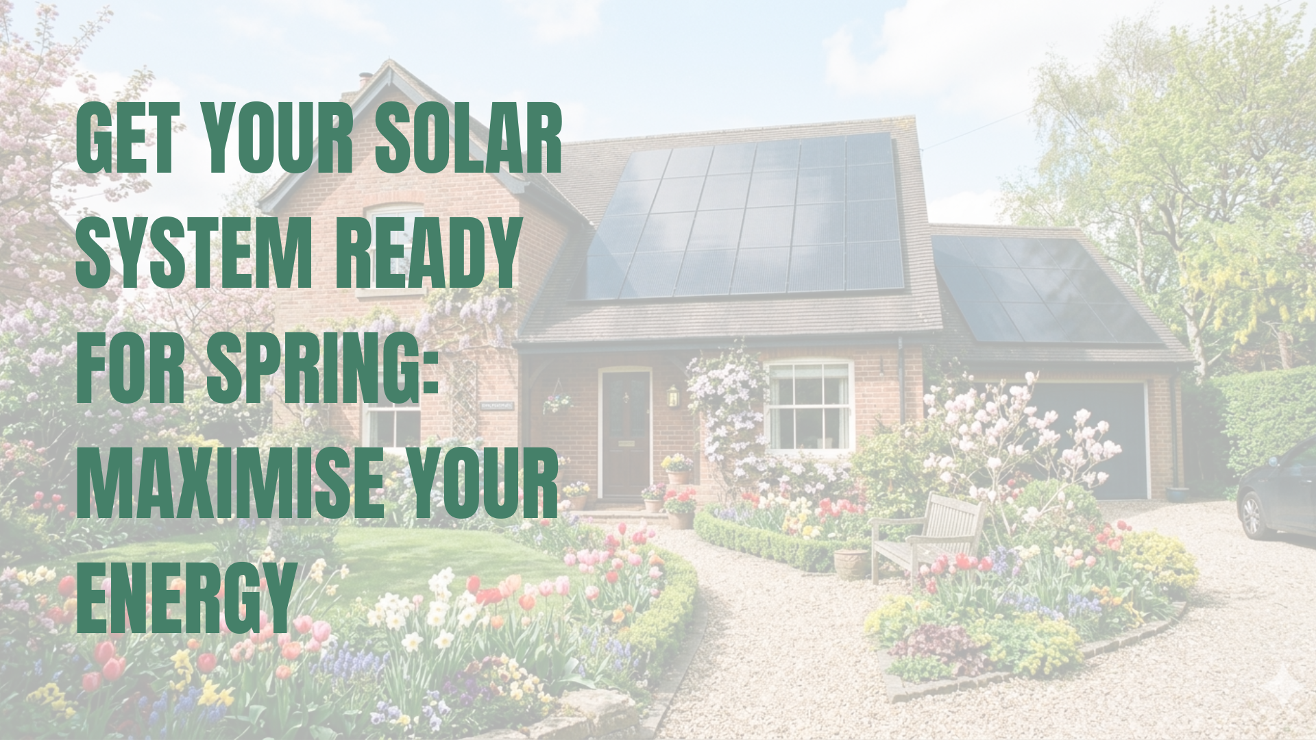 Home with solar panels with a spring garden surrounding