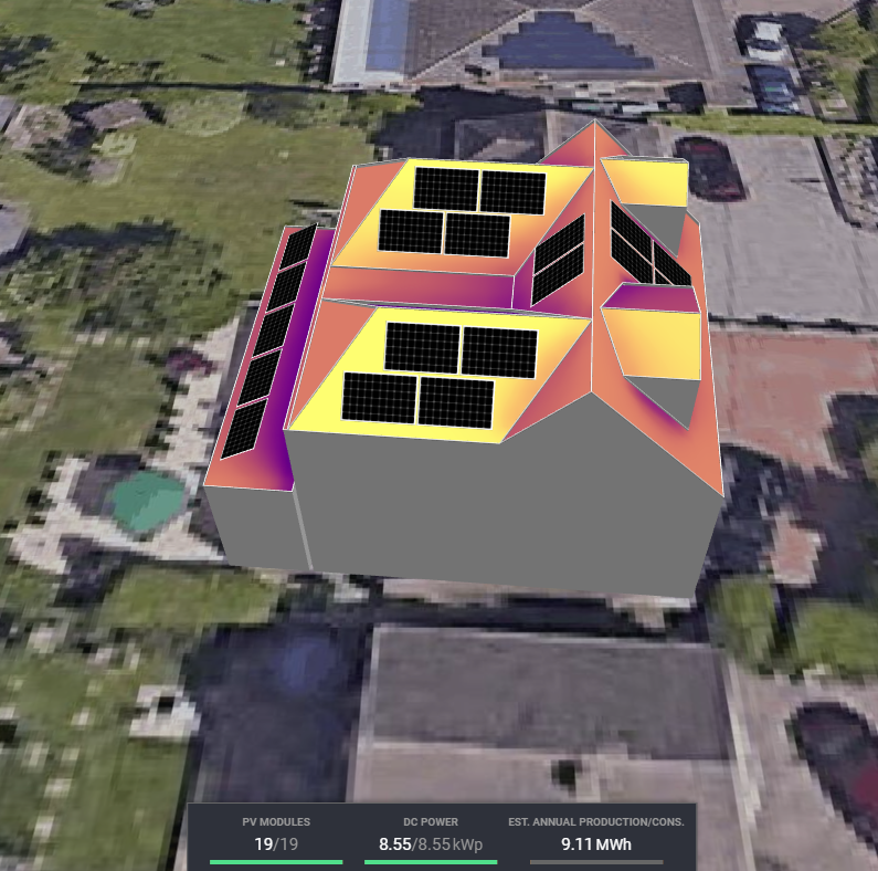 Solar design showing irradiance levels on a multi section roof