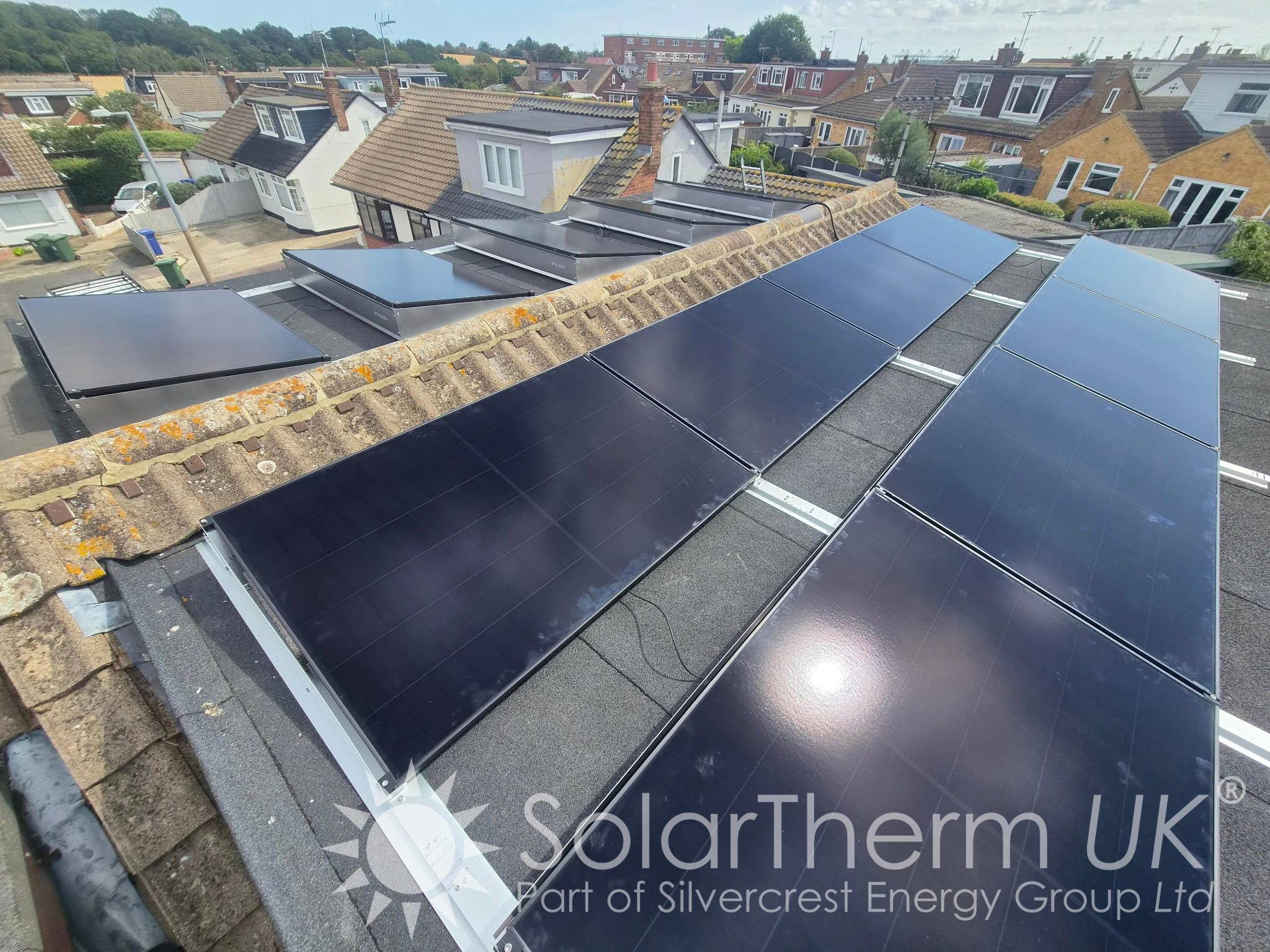 Solar installation on a flat roof in Stanford-le-Hope, Essex